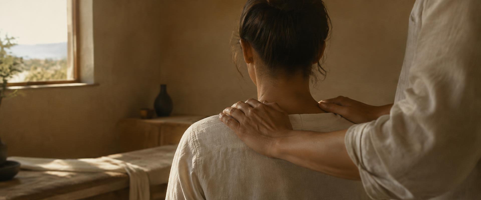 A practitioner resting both hands on a client's shoulders in a sunlit treatment room